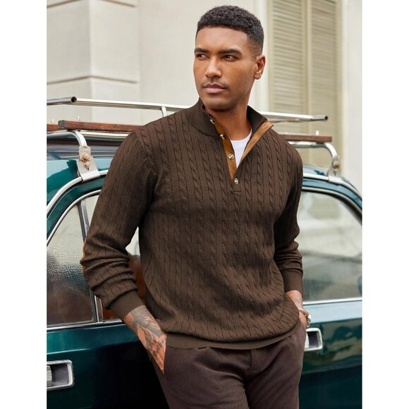 Men's Cable Knitted Pullover Sweaters Long Sleeve Stand Collar Button Up Brown - Picture 3 of 6
